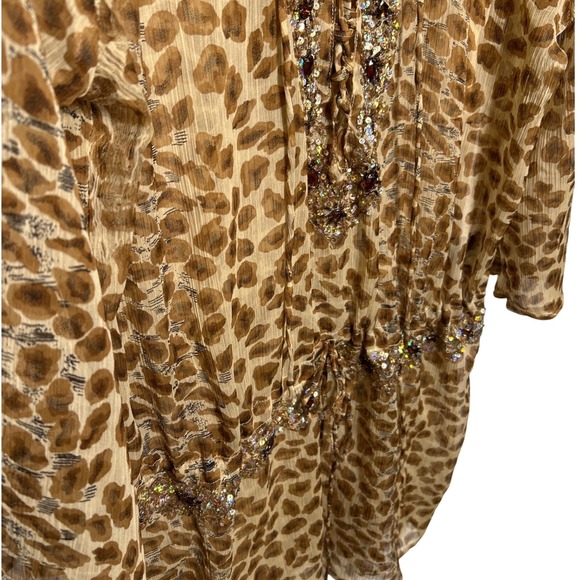 TieRack Leopard Print Sequin Beaded Lace Up Kaftan Tunic Brown Tan One Size - Picture 7 of 13
